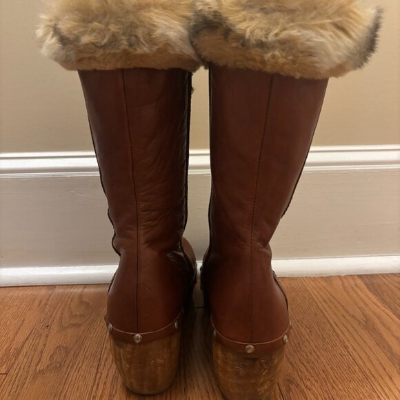 Sacco Cognac Leather Fur Trim Clog Boots | 2.5" Wood Heel | EU 38 / US 7.5 - Picture 8 of 8